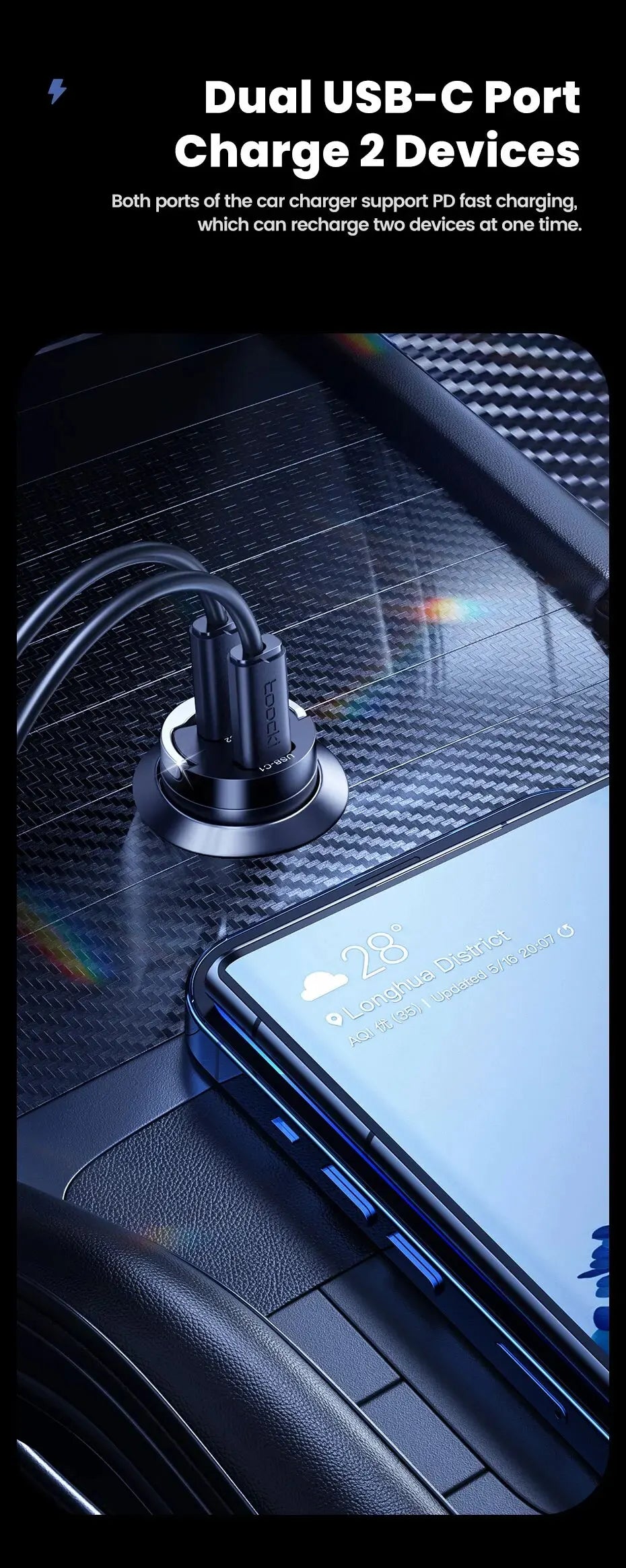 Toocki Mini PD 45W Car Charger Pull Ring Fast Charging USB C Phone Charger Adapter For iPhone 14 13 Pro Xiaomi Samsung Huawei