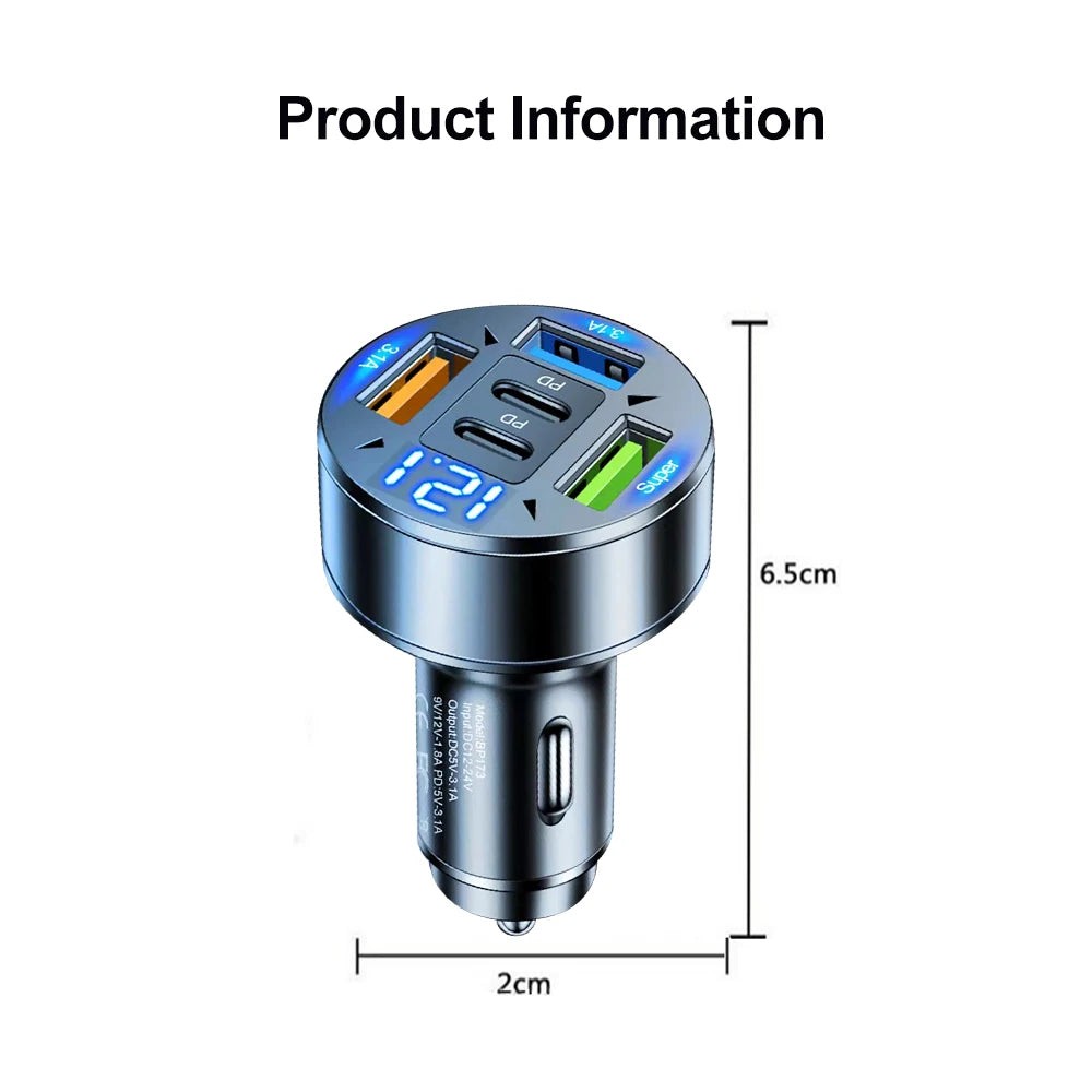 250W 5 Ports Car Charger Fast Charging PD QC3.0 USB C Car Phone Charger Adapter With Voltage For iPhone Samsung Huawei Xiaomi