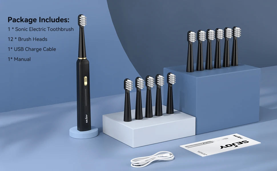 Sejoy Electric Toothbrush 5 Modes USB Rechargeable 12 Replacement Toothbrush Heads Adult Ultrasonic Teeth Cleaning