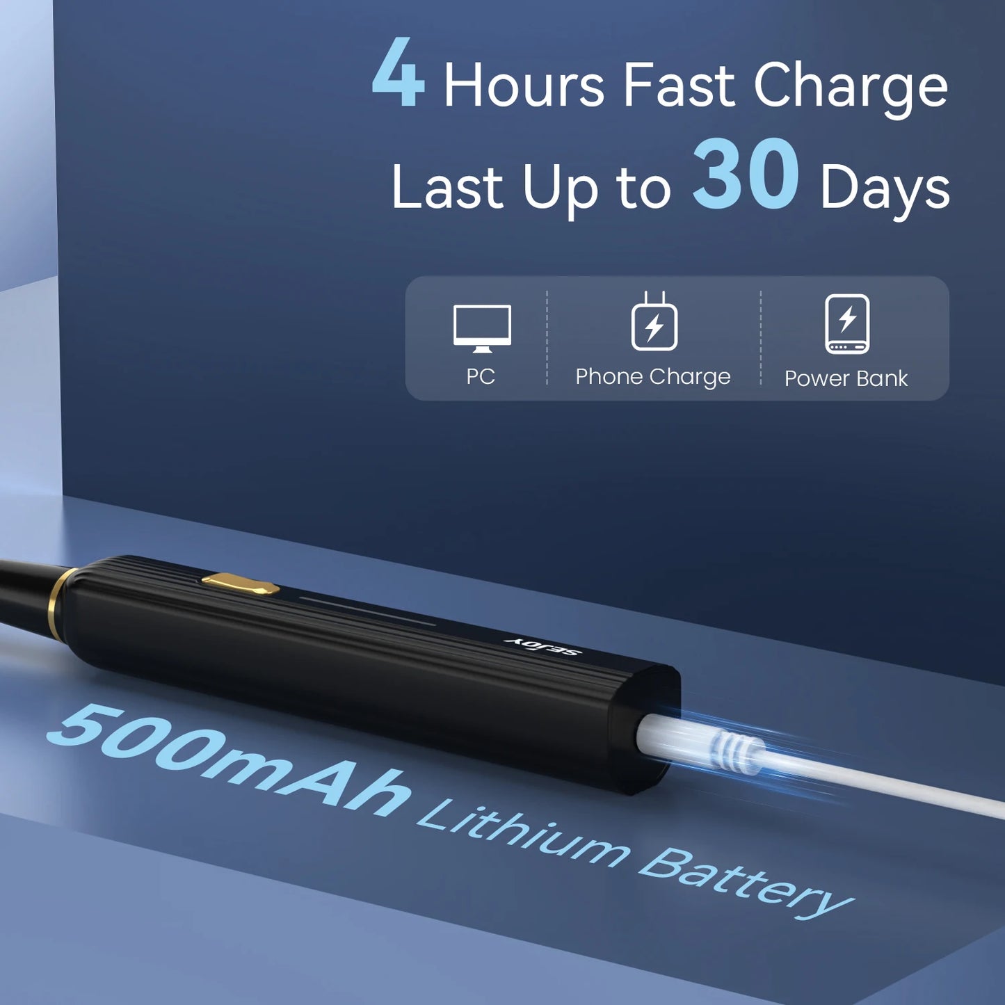 Sejoy Electric Toothbrush 5 Modes USB Rechargeable 12 Replacement Toothbrush Heads Adult Ultrasonic Teeth Cleaning
