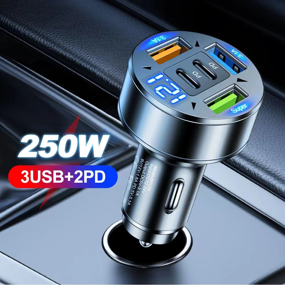 250W 5 Ports Car Charger Fast Charging PD QC3.0 USB C Car Phone Charger Adapter With Voltage For iPhone Samsung Huawei Xiaomi