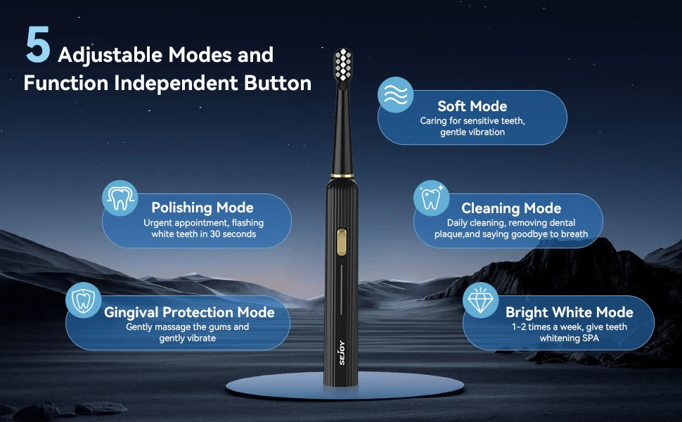 Sejoy Electric Toothbrush 5 Modes USB Rechargeable 12 Replacement Toothbrush Heads Adult Ultrasonic Teeth Cleaning