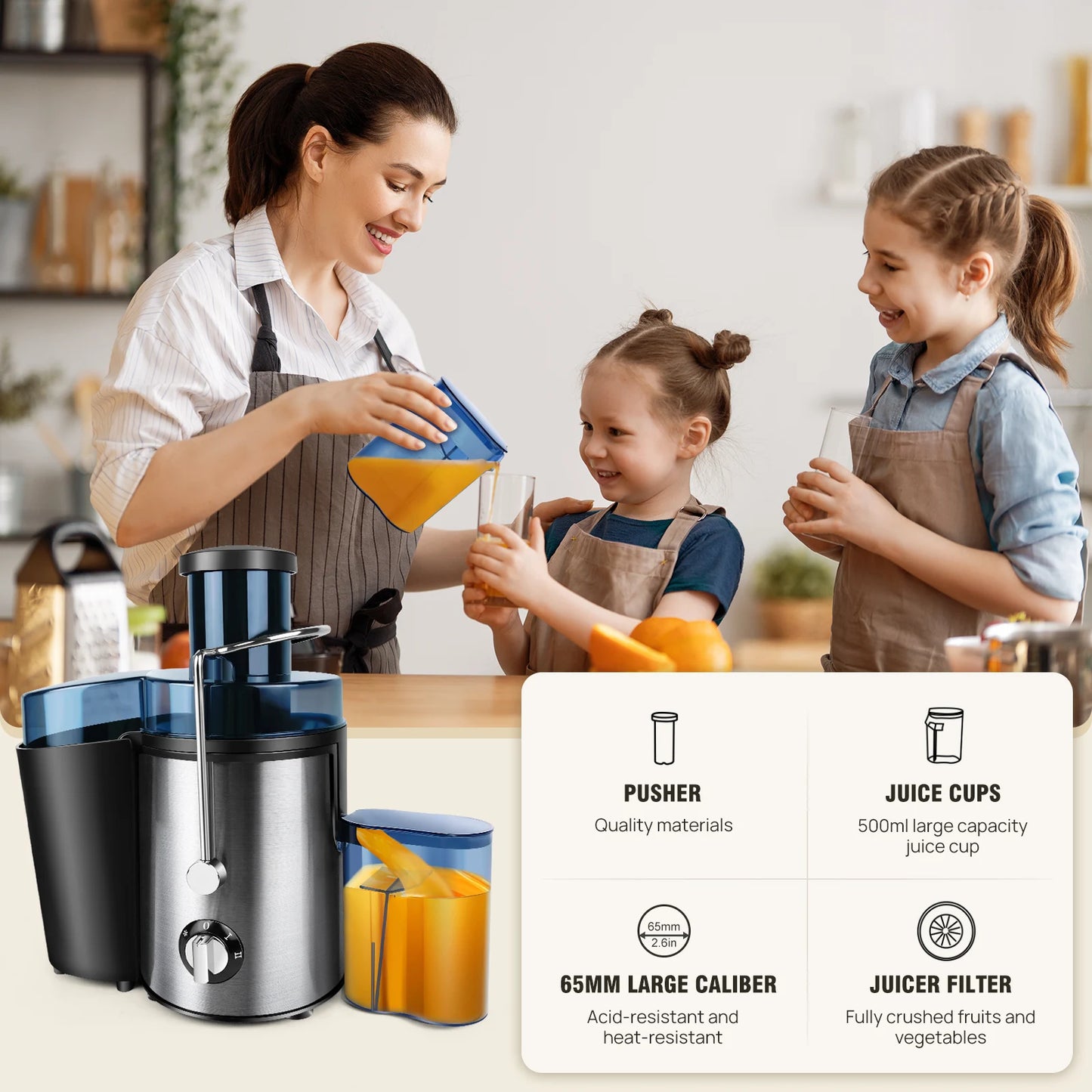 DayPlus 900W Juicer, Centrifugal Juicer Machines Whole Fruit and Vegetable, 65mm Wide Mouth Juicer Extractor with 2 Speed, 500ml