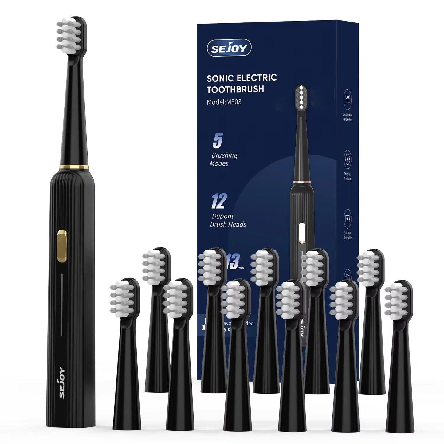 Sejoy Electric Toothbrush 5 Modes USB Rechargeable 12 Replacement Toothbrush Heads Adult Ultrasonic Teeth Cleaning