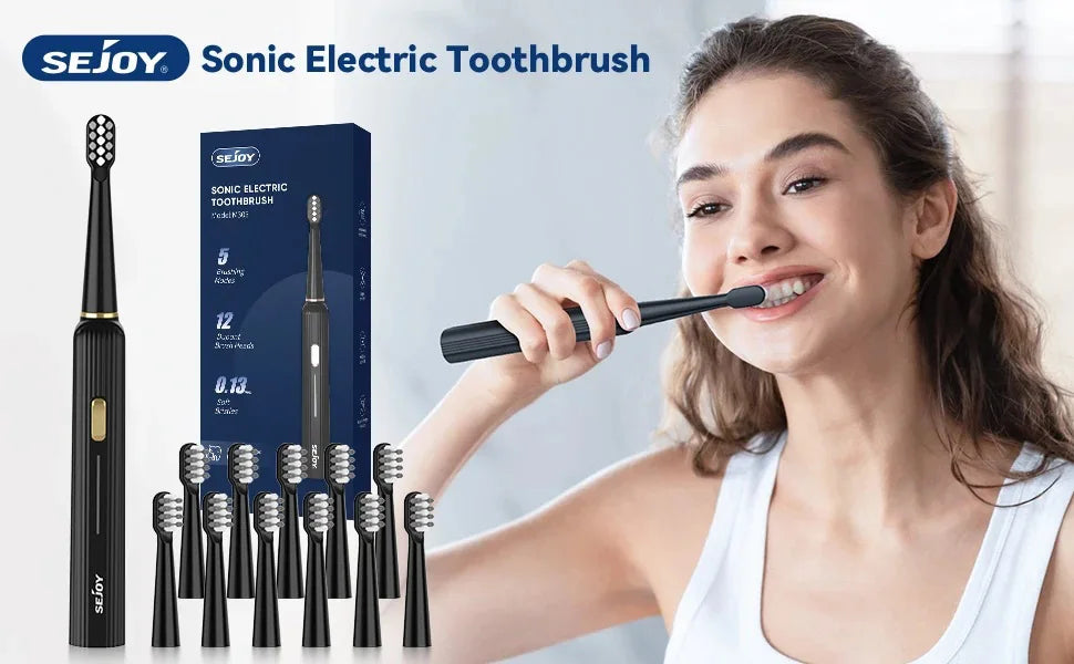 Sejoy Electric Toothbrush 5 Modes USB Rechargeable 12 Replacement Toothbrush Heads Adult Ultrasonic Teeth Cleaning